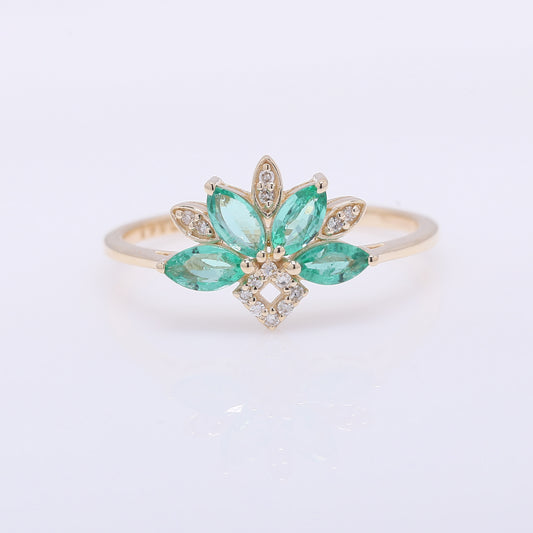 0.56 Ct Marquise Mixed Cut Natural Emerald 14K Gold Ring