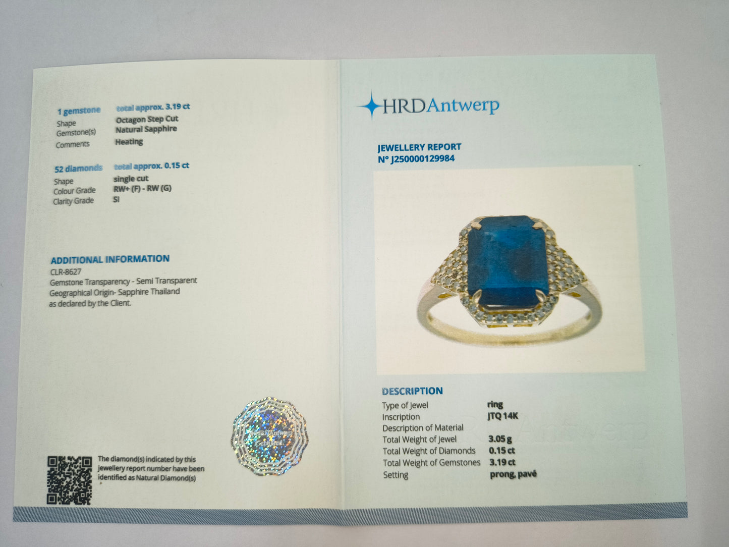 3.34 Ct Octagon Natural Sapphire 14K Gold Ring