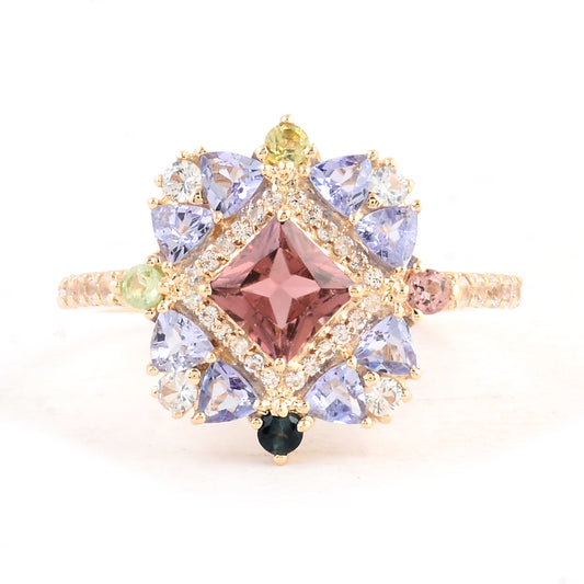 2.04 Ct Square Multi Tourmaline 14K Gold Ring