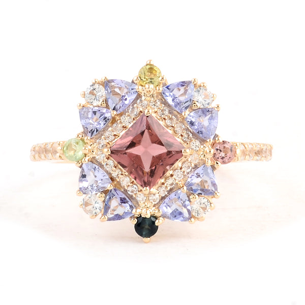 2.04 Ct Square Multi Tourmaline 14K Gold Ring