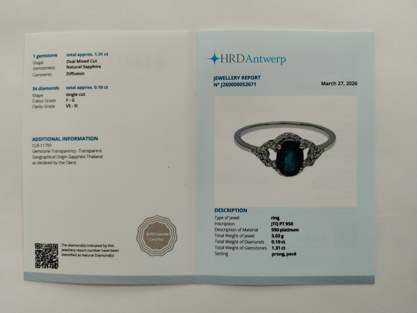 1.41 Ct Oval Mixed Cut Natural Sapphire 950 Platinum Ring