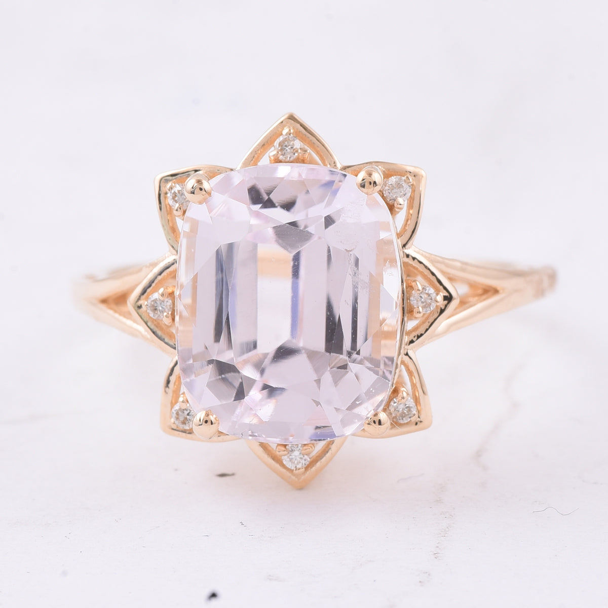 5.68 Ct Cushion Natural Kunzite 14K Gold Ring