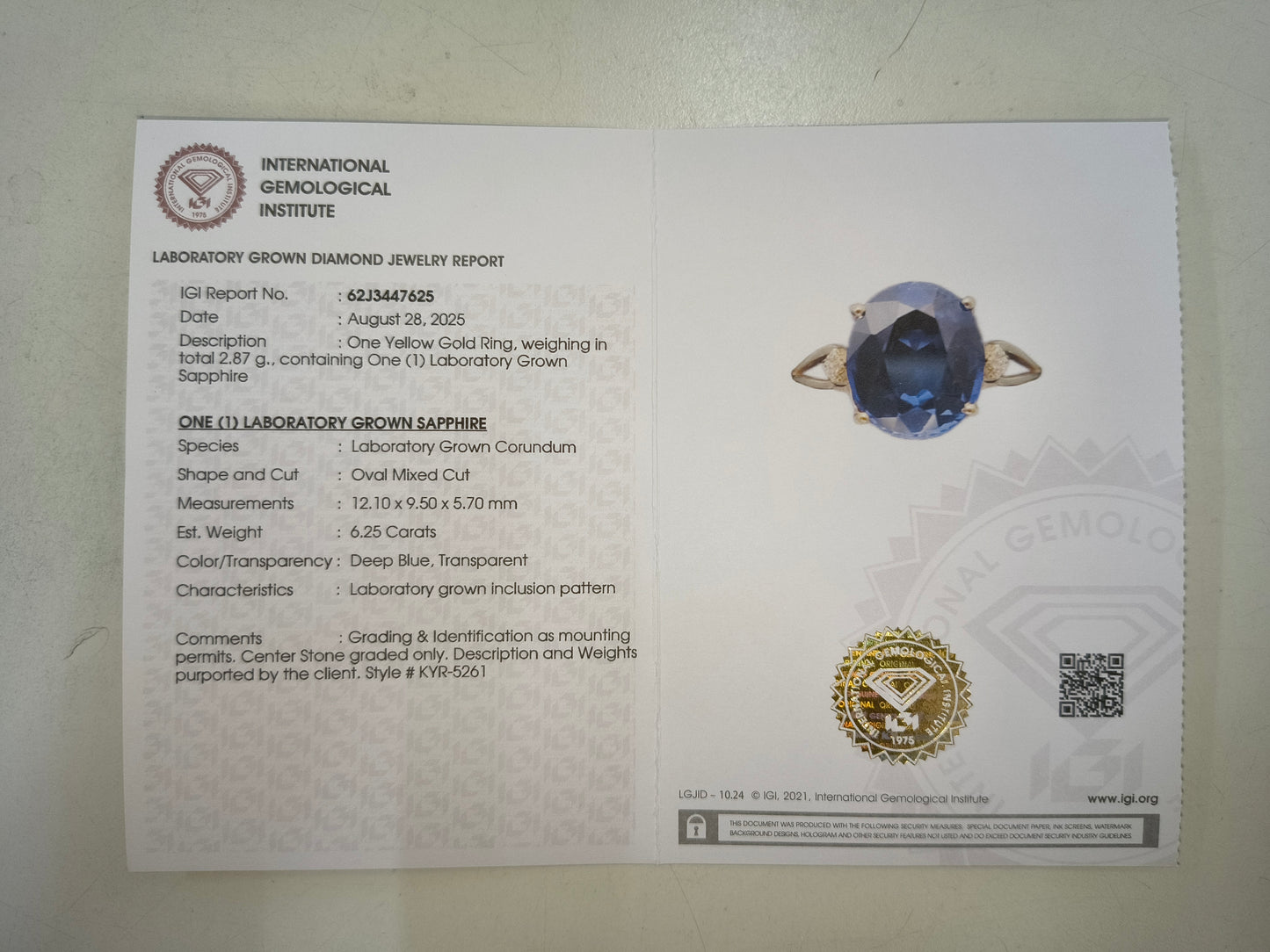 6.28 Ct Oval Mixed Cut Lab Grown Sapphire 14K Gold Ring