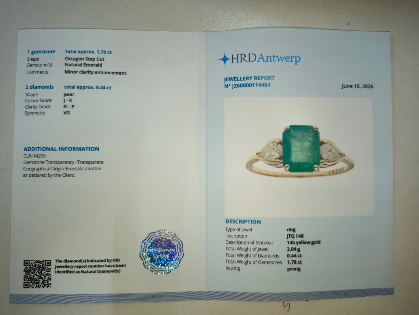 2.22 Ct Octagon Step Cut Natural Emerald 14K Gold Ring
