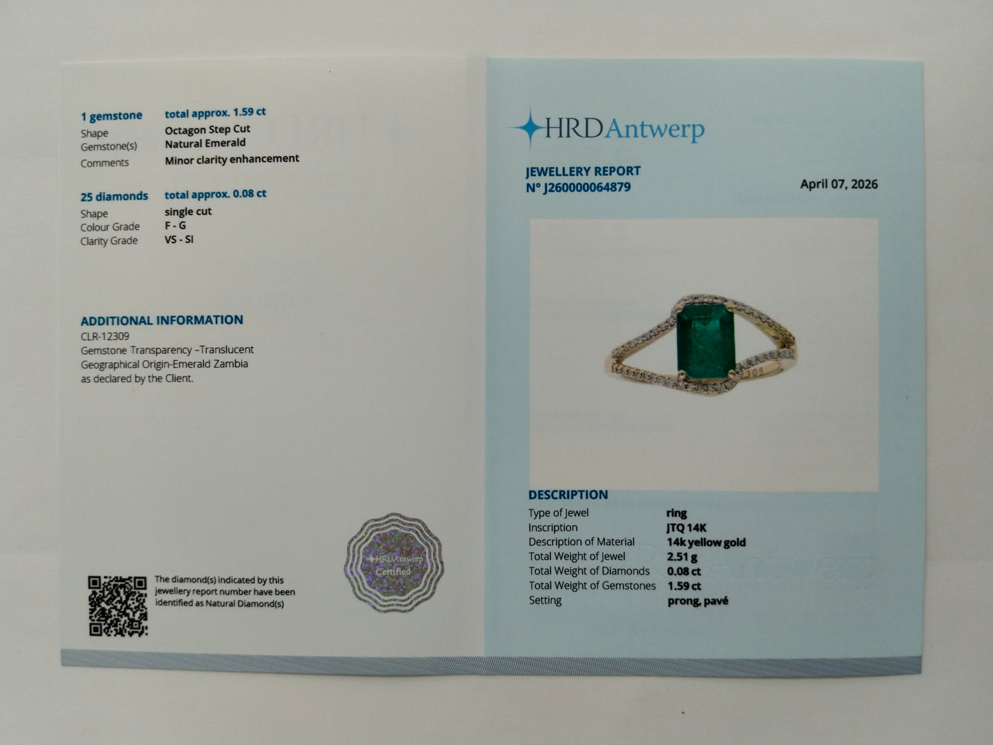 1.67 Ct Octagon Step Cut Natural Emerald 14K Gold Ring