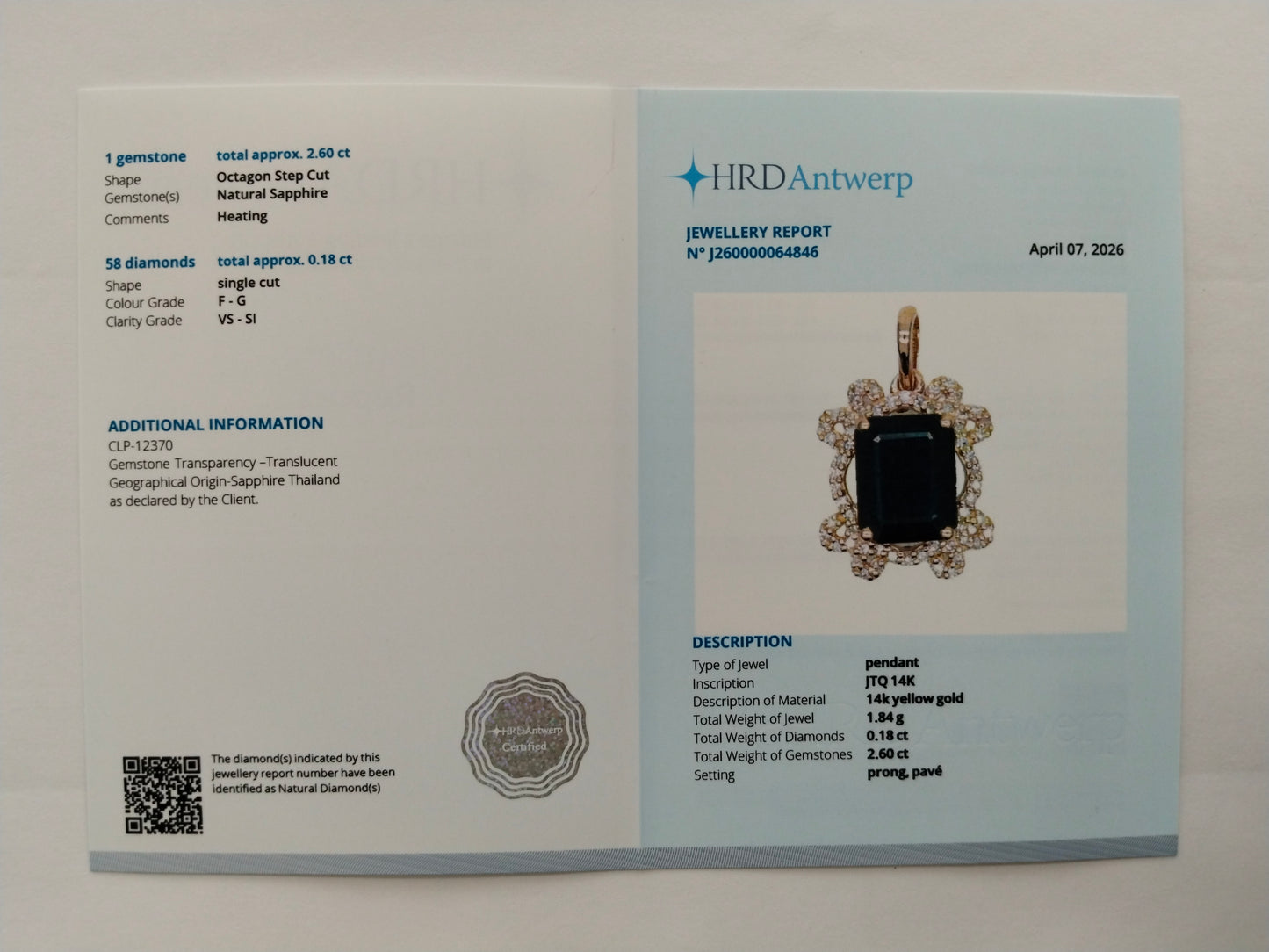 2.78 Ct Octagon Step Cut Natural Sapphire 14K Gold Pendant