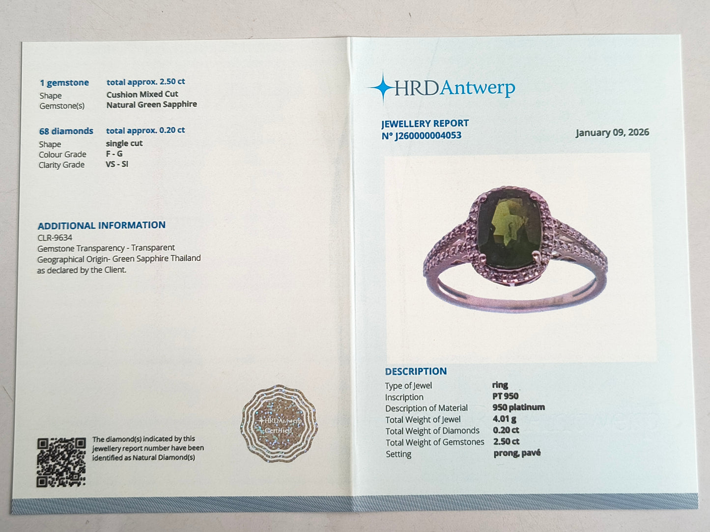 2.70 Ct Cushion Mixed Cut Natural Green Sapphire 950 Platinum Ring