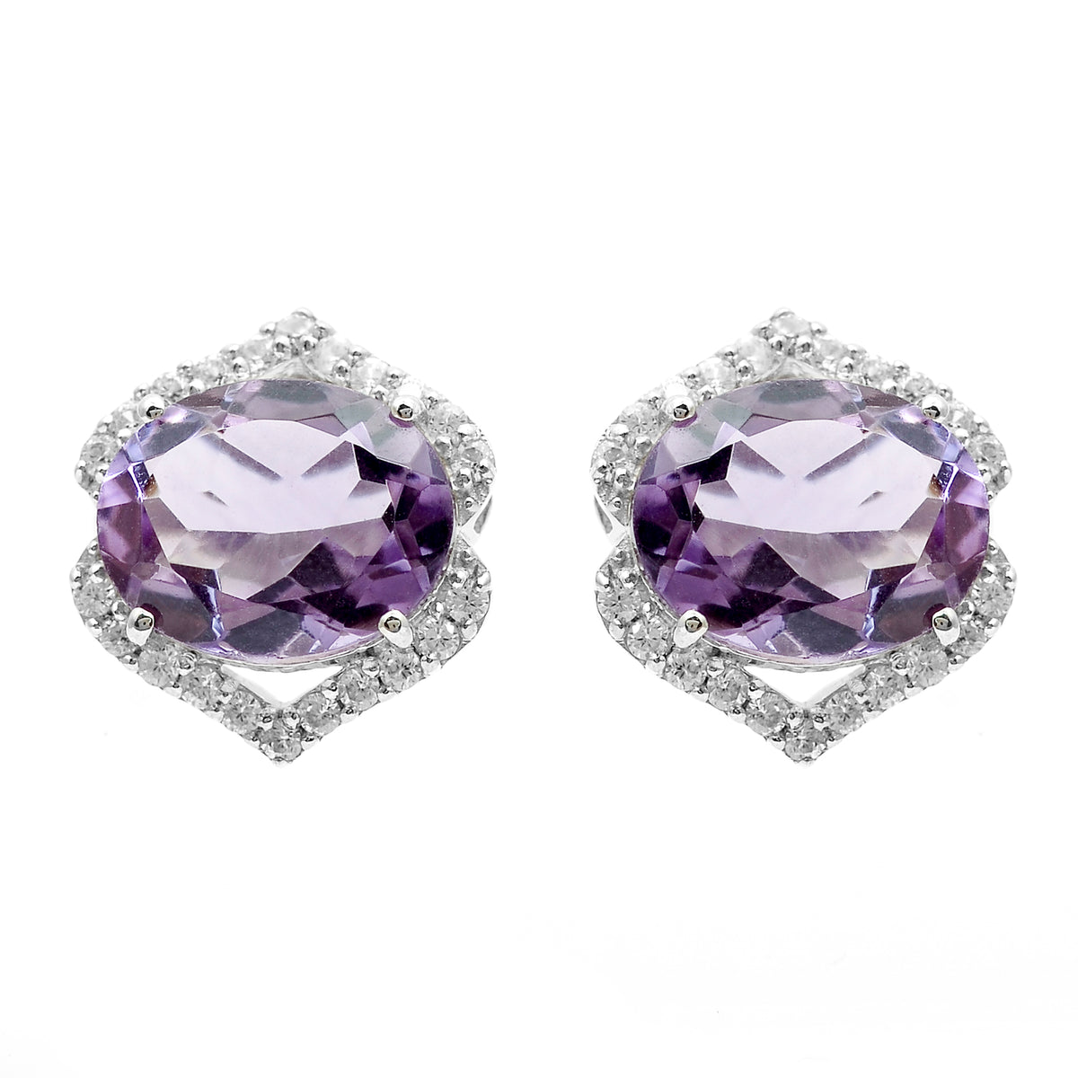 5.06 Ct Oval Amethyst, White Zircon 925 Sterling Silver Earrings