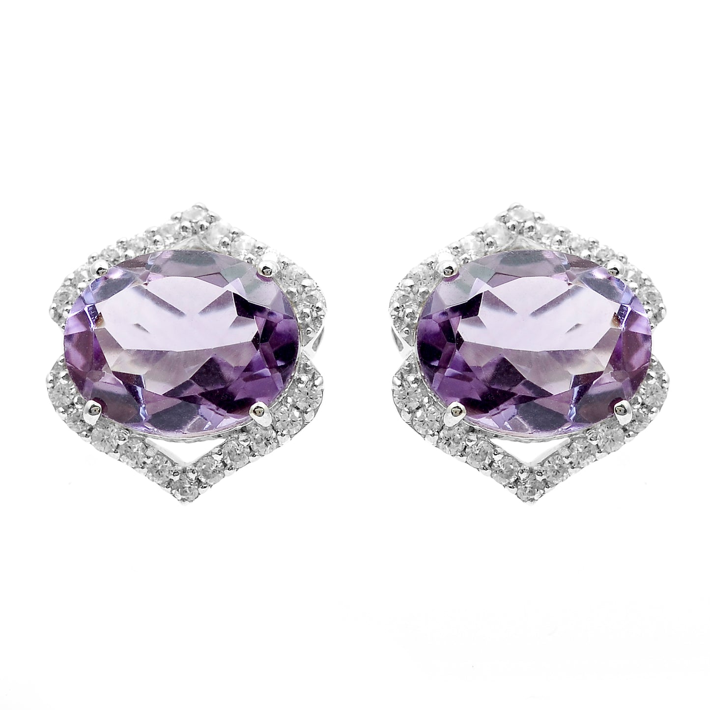 5.06 Ct Oval Amethyst, White Zircon 925 Sterling Silver Earrings