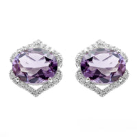5.06 Ct Oval Amethyst, White Zircon 925 Sterling Silver Earrings