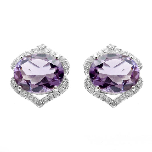 5.06 Ct Oval Amethyst, White Zircon 925 Sterling Silver Earrings