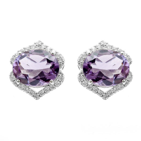 5.06 Ct Oval Amethyst, White Zircon 925 Sterling Silver Earrings