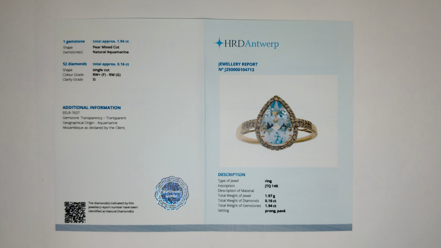 2.10 Ct Pear Mixed Cut Natural Aquamarine 14K Gold Ring