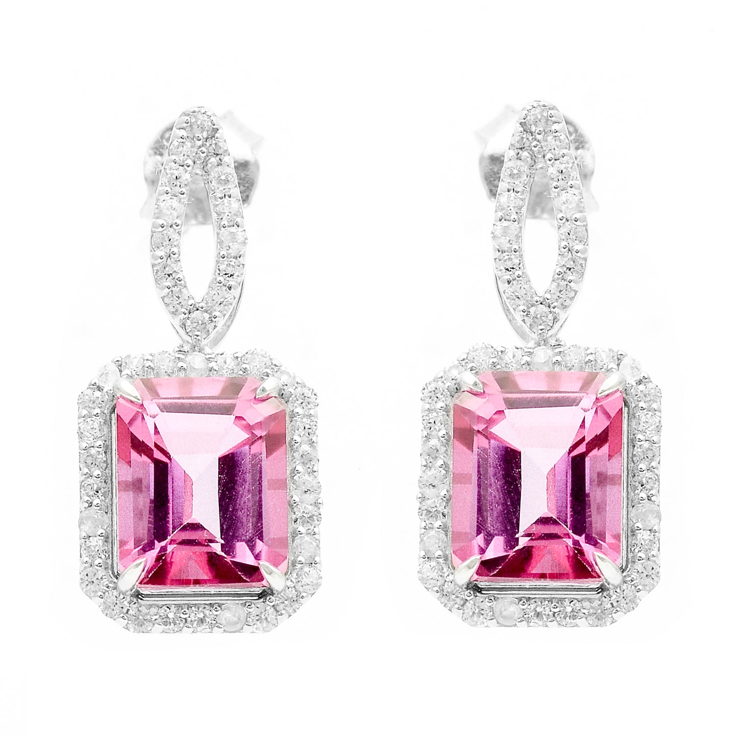 6.91 Ct Octagon Pink Topaz, White Zircon 925 Sterling Silver Earrings