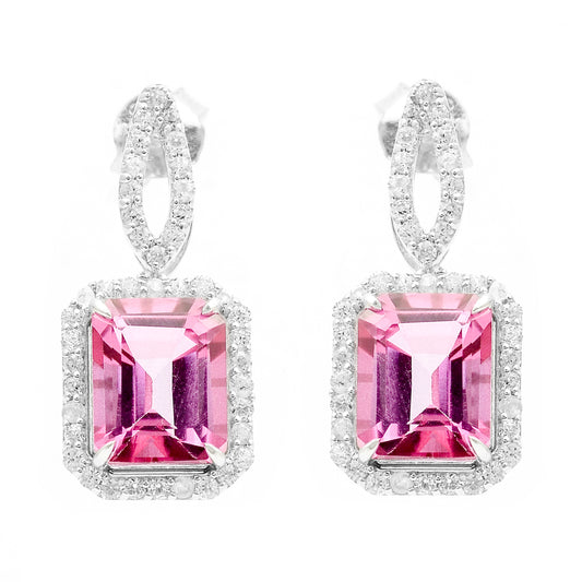 6.91 Ct Octagon Pink Topaz, White Zircon 925 Sterling Silver Earrings