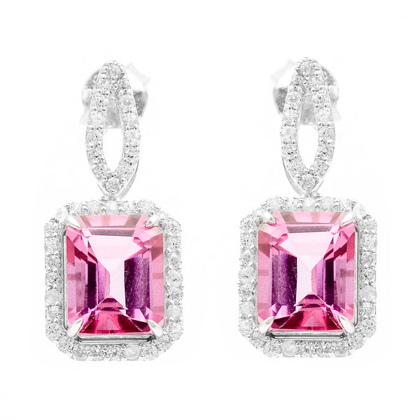 6.91 Ct Octagon Pink Topaz, White Zircon 925 Sterling Silver Earrings