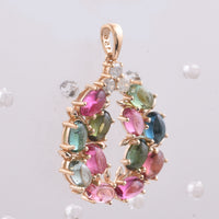 3.19 Ct Oval Cabochon Cut Natural Multi-Coloured Tourmaline 14K Gold Pendant