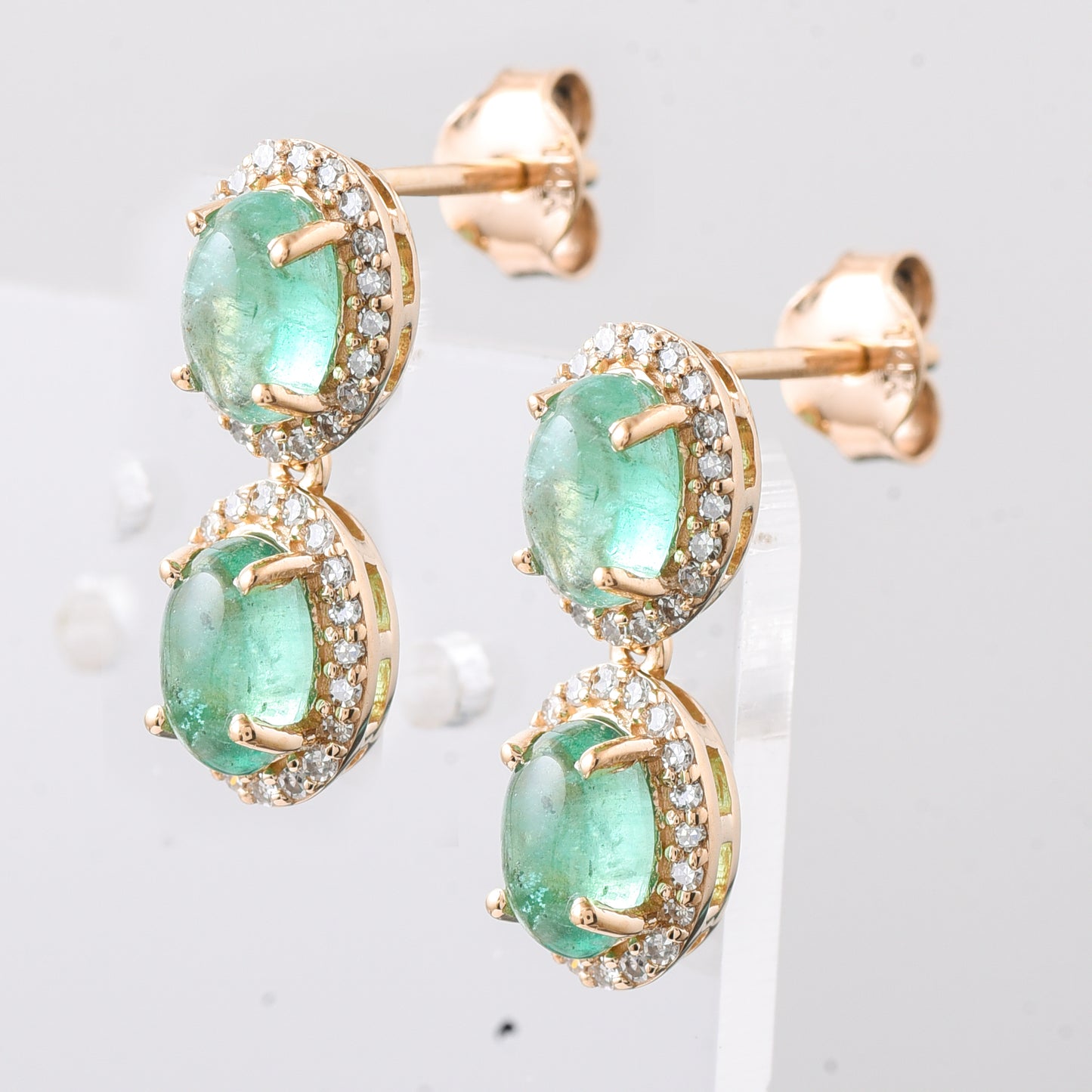 2.26 Ct Oval Cabochon Cut Natural Emerald 14K Gold Earrings
