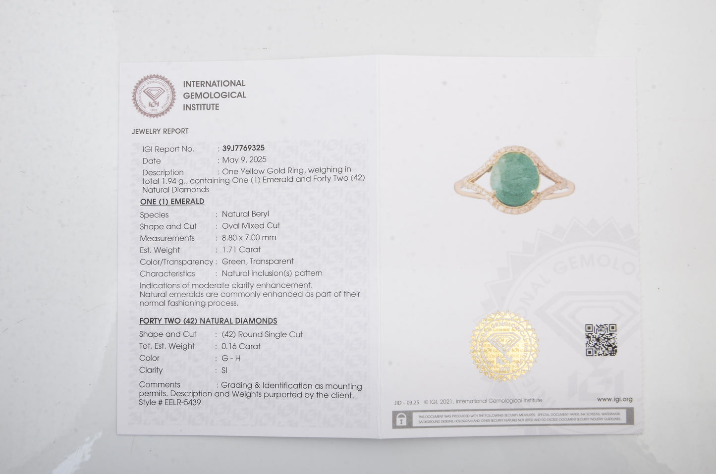 1.87 Ct Oval Mixed Cut Natural Beryl Emerald 14K Gold Ring