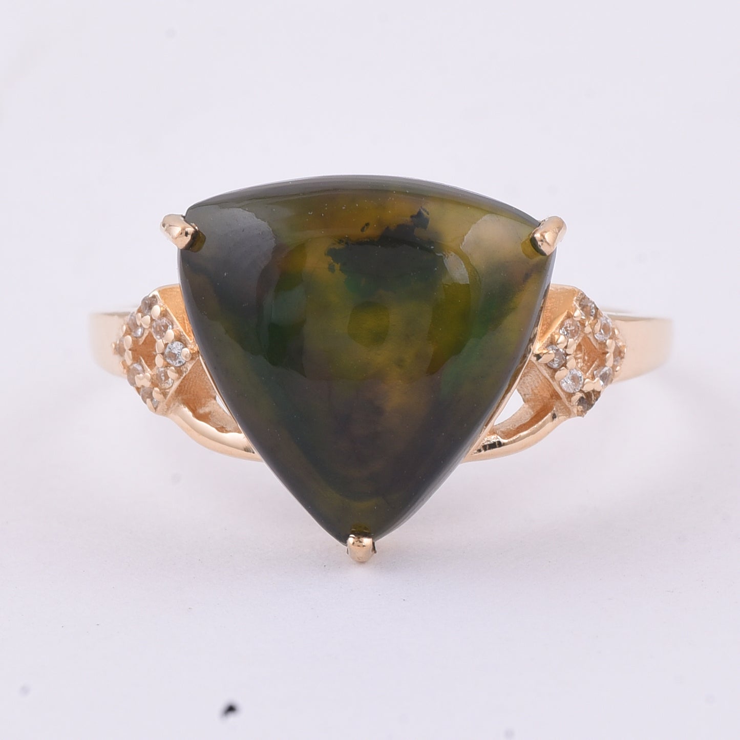 3.19 Ct Triangle Cabochon Natural Black Opal 14K Gold Ring