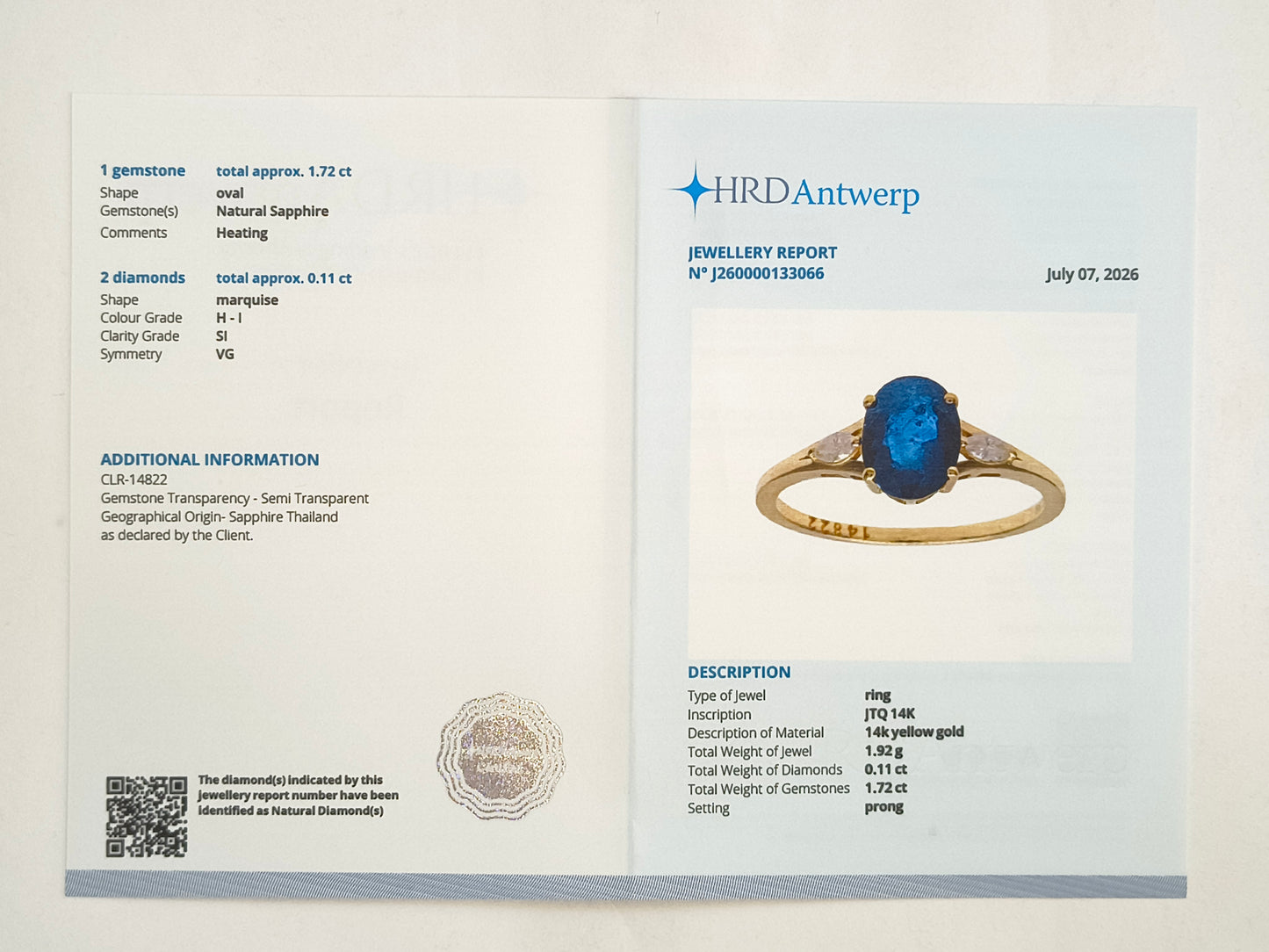 1.83 Ct Oval Natural Sapphire 14K Gold Ring