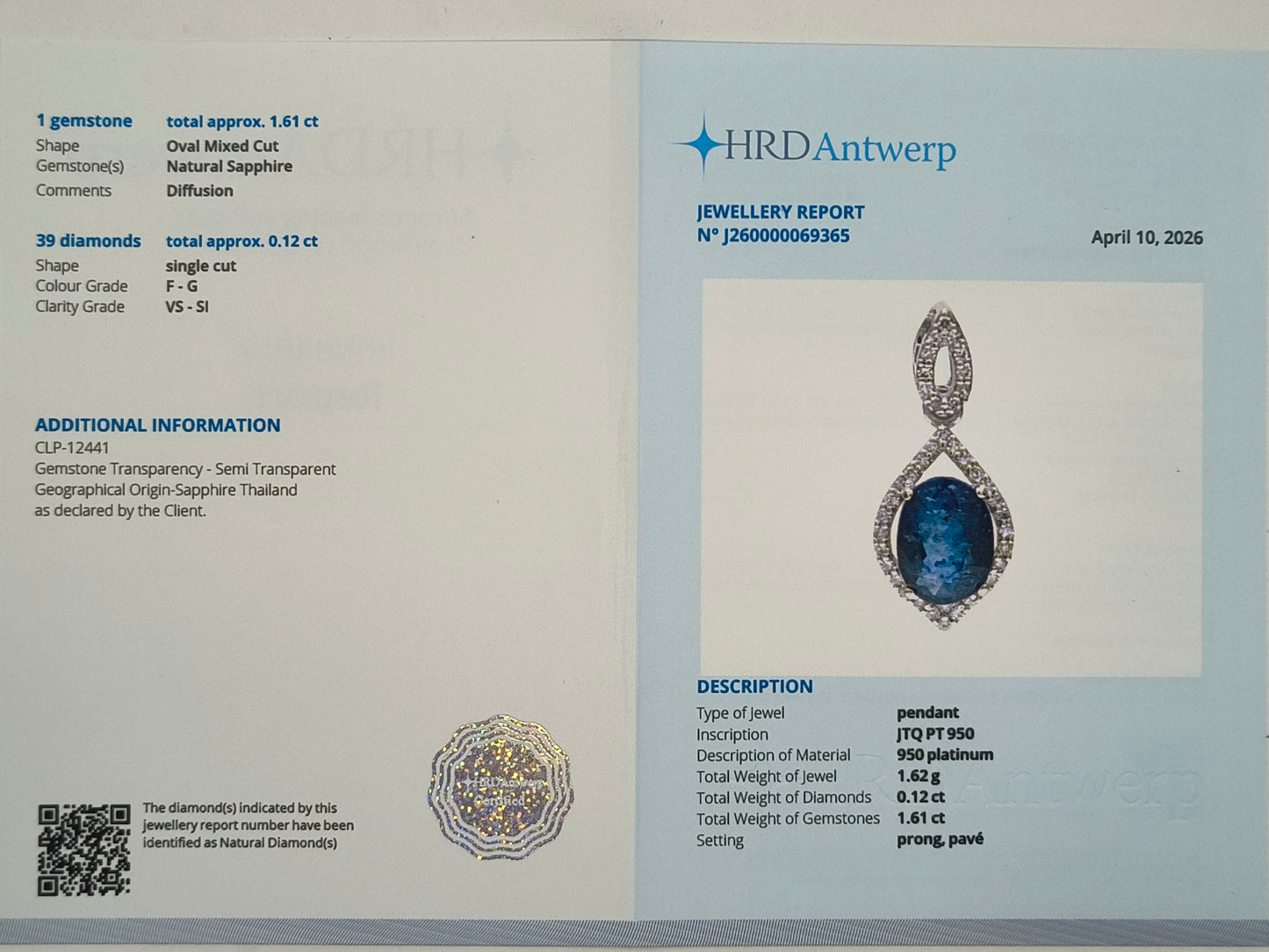 1.73 Ct Oval Mixed Cut Natural Sapphire 950 Platinum Pendant