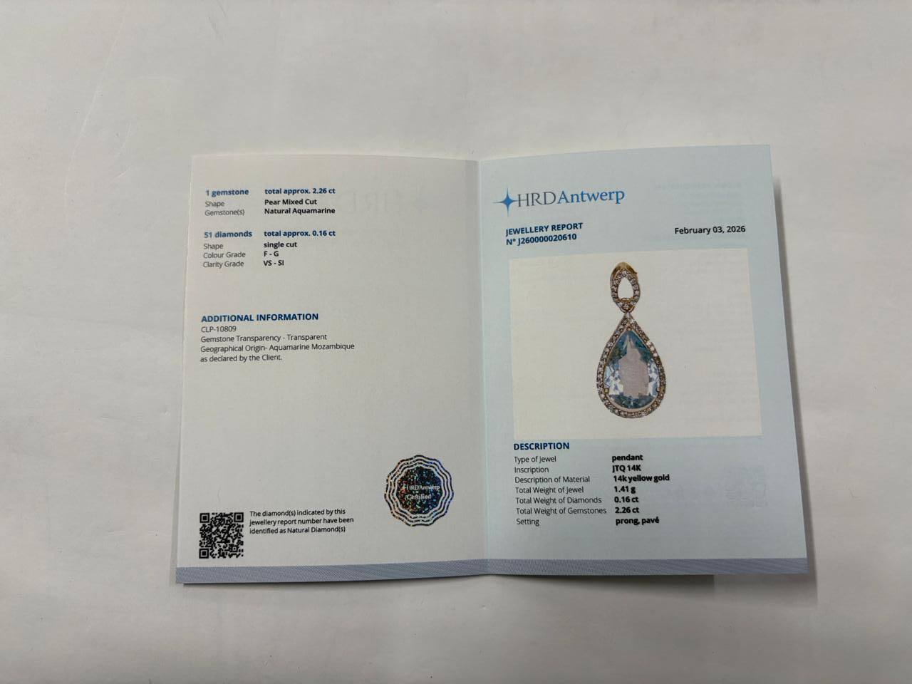 2.41 Ct Pear Mixed Cut Natural Aquamarine 14K Gold Pendant