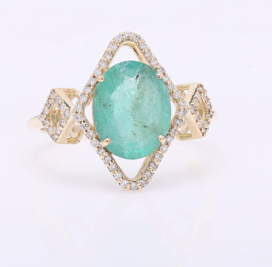 2.14 Ct Oval Mixed Cut Natural Emerald 14K Gold Ring