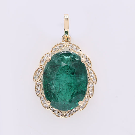 7.33 Ct Oval Mixed Cut Natural Emerald 14K Gold Pendant