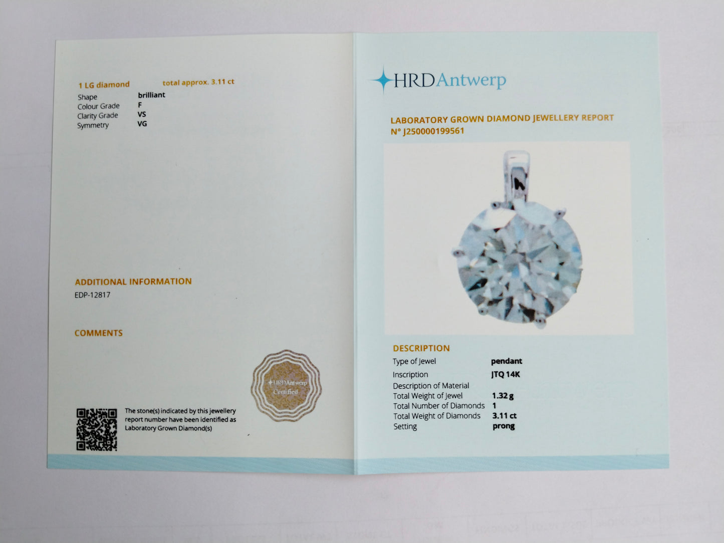 3.11 Carats Lab Grown Diamond 14K Gold Pendant