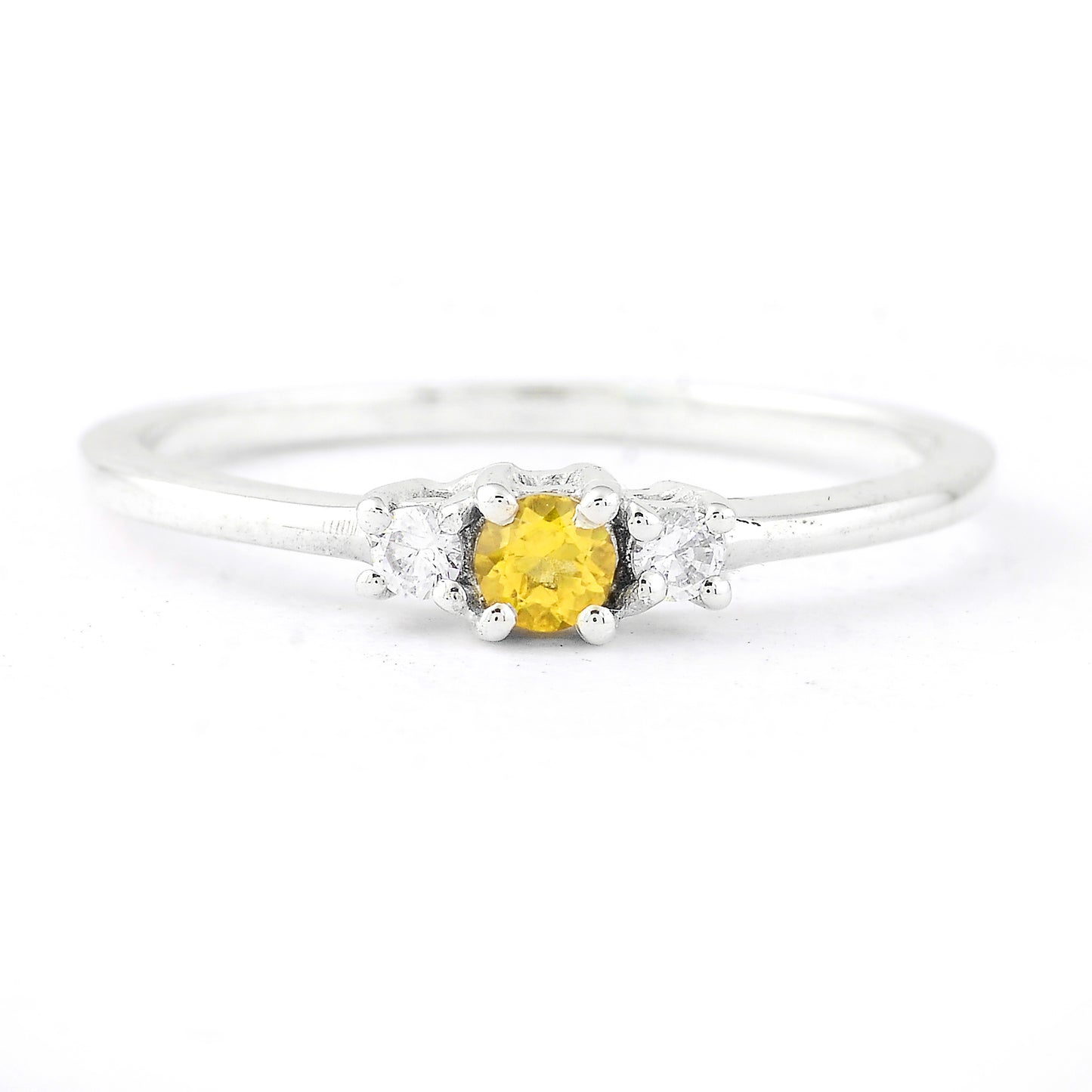 0.22 Ct Round Citrine, Cubic Zirconia, 925 Sterling Silver Ring