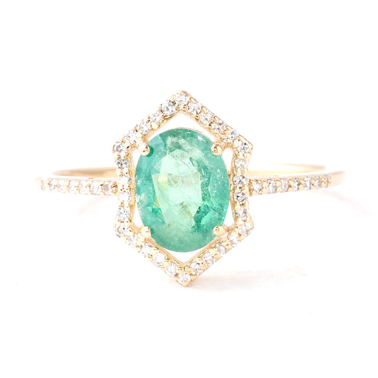 1.18 Ct Oval Mixed Cut Natural Beryl Emerald 14K Gold Ring