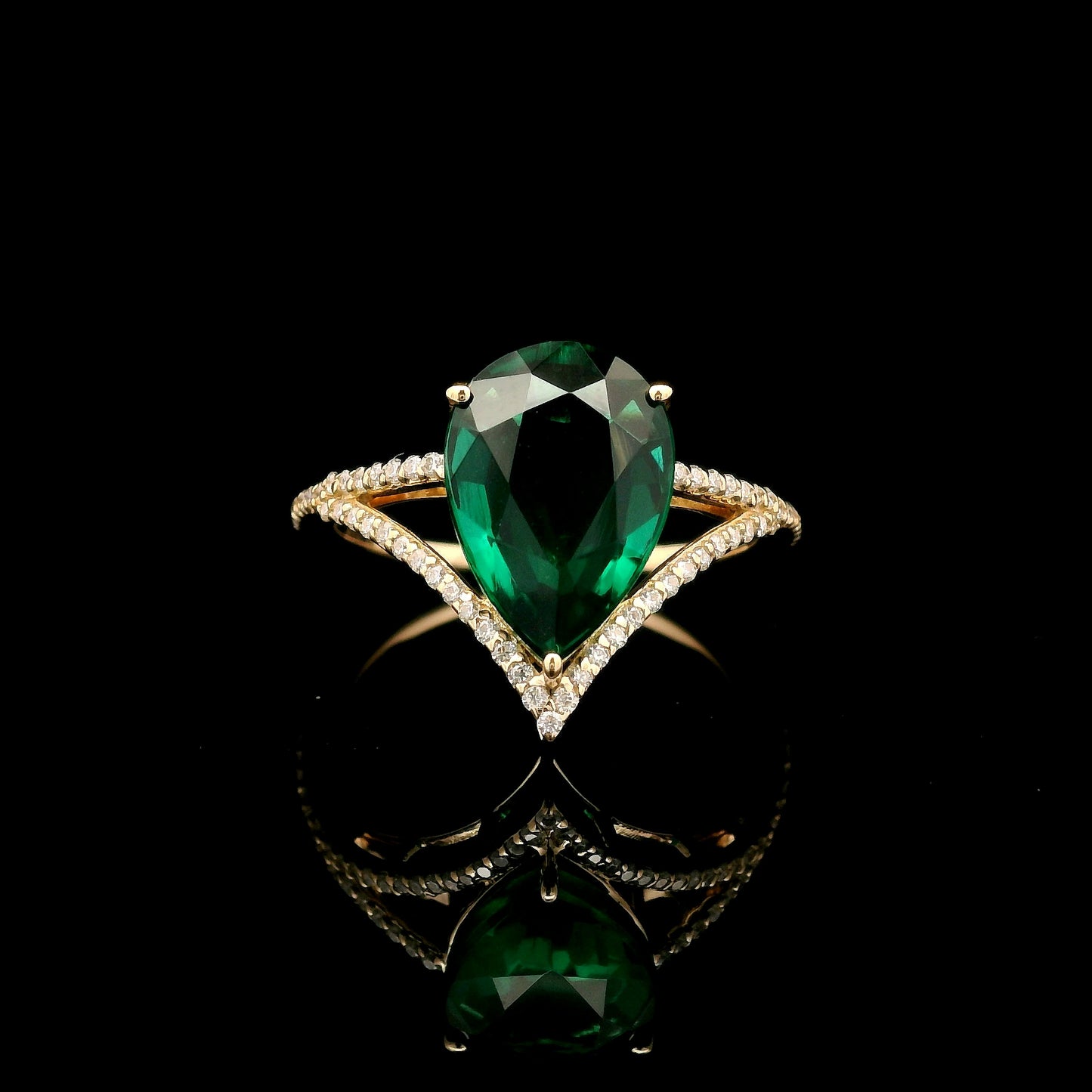 3.47 Ct Pear Mixed Cut Lab Grown Emerald 14K Gold Ring