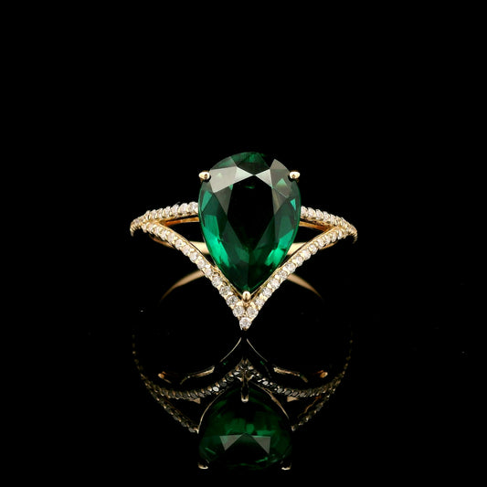 3.47 Ct Pear Mixed Cut Lab Grown Emerald 14K Gold Ring