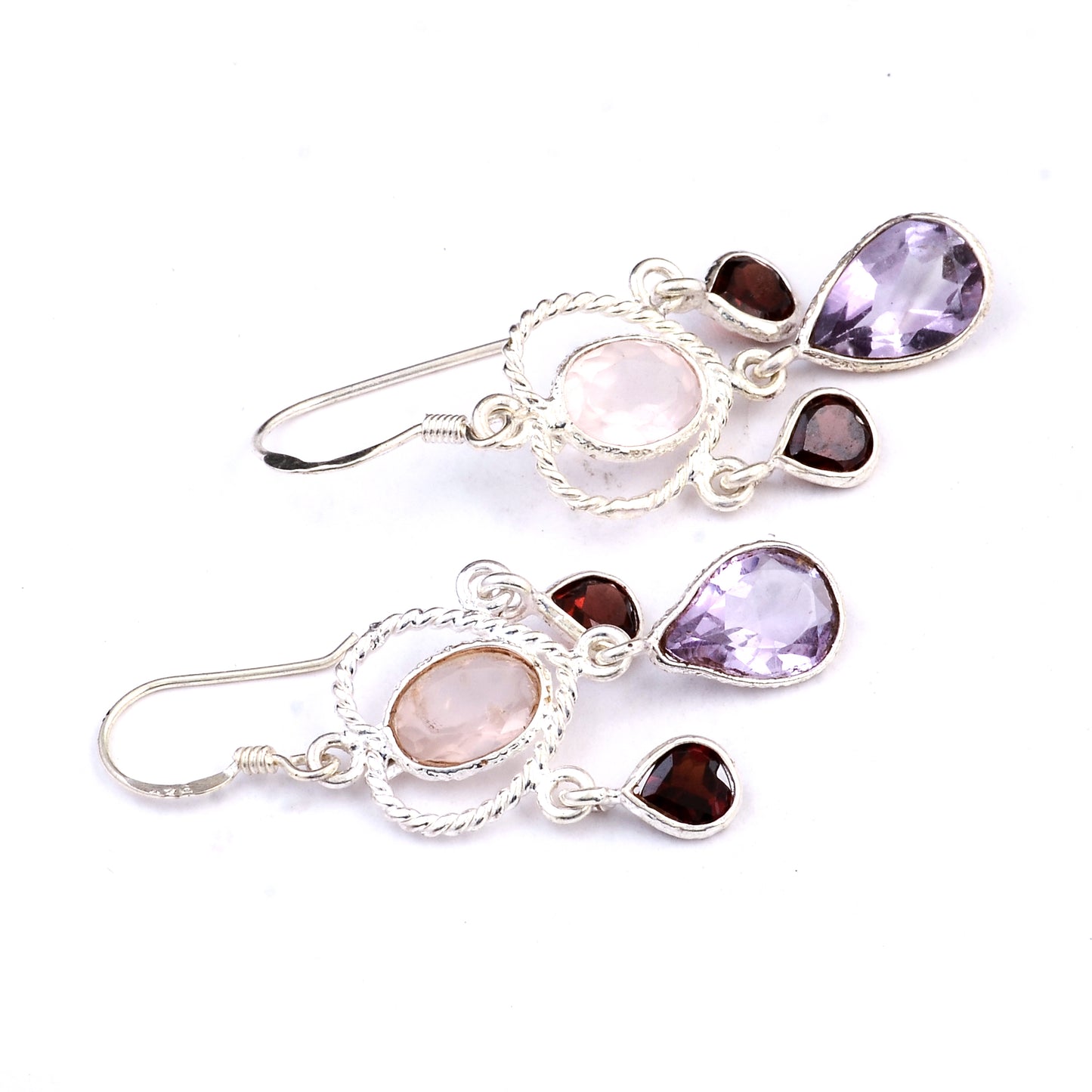 9.65 Ct Rose Quartz, Amethyst 925 Sterling Silver Earrings