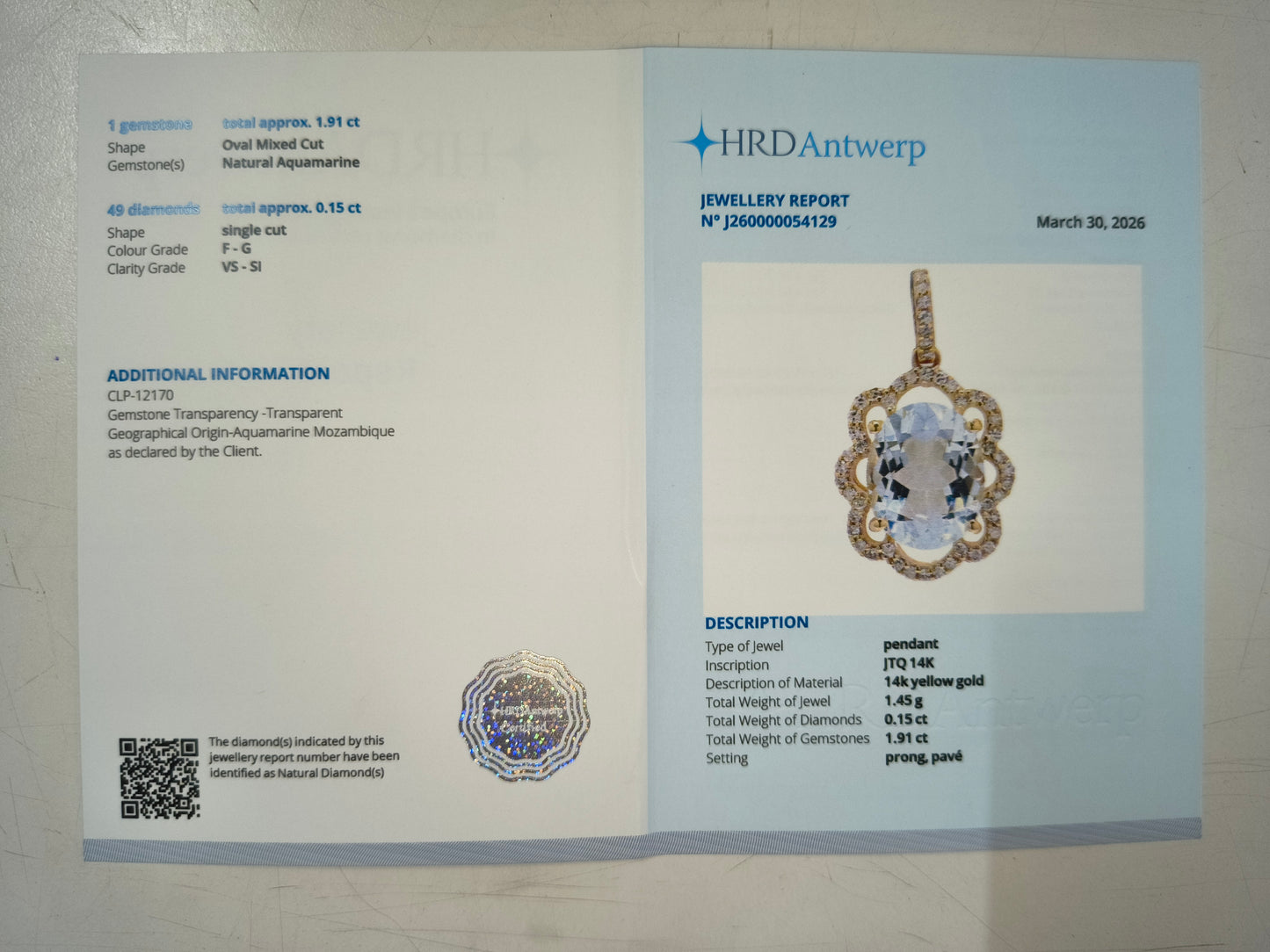 2.06 Ct Oval Mixed Cut Natural Aquamarine 14K Gold Pendant