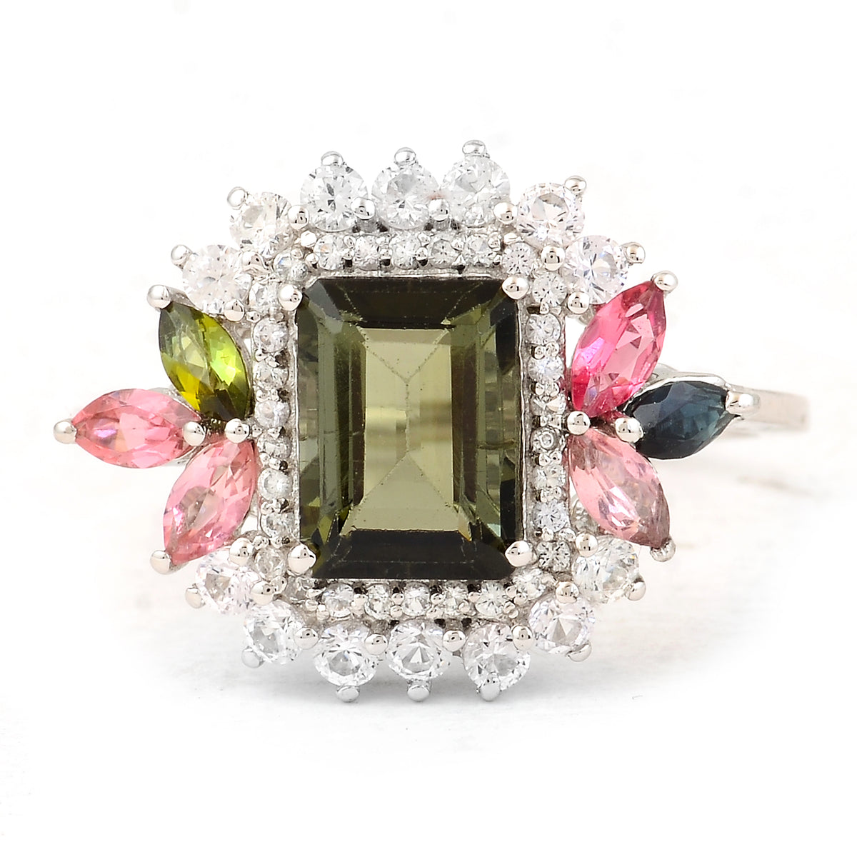2.53 Ct Octagon Step Cut, Marquise Mixed Cut Natural Multi-Coloured Tourmaline 950 Platinum Ring