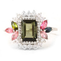 2.53 Ct Octagon Step Cut, Marquise Mixed Cut Natural Multi-Coloured Tourmaline 950 Platinum Ring