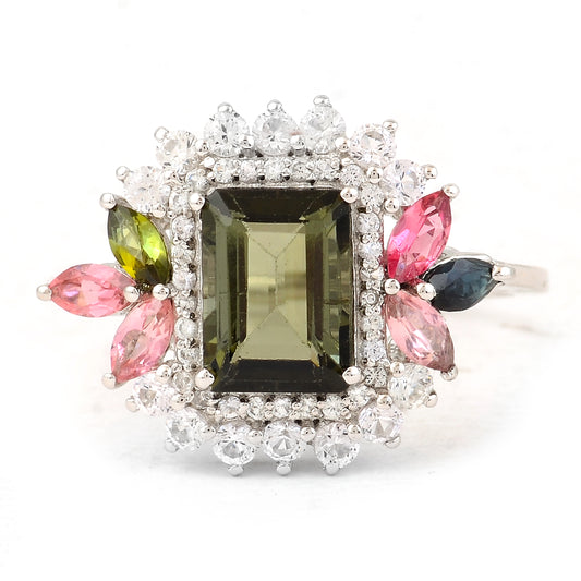 2.53 Ct Octagon Step Cut, Marquise Mixed Cut Natural Multi-Coloured Tourmaline 950 Platinum Ring