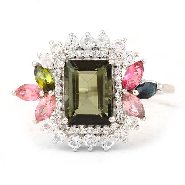 2.53 Ct Octagon Step Cut, Marquise Mixed Cut Natural Multi-Coloured Tourmaline 950 Platinum Ring