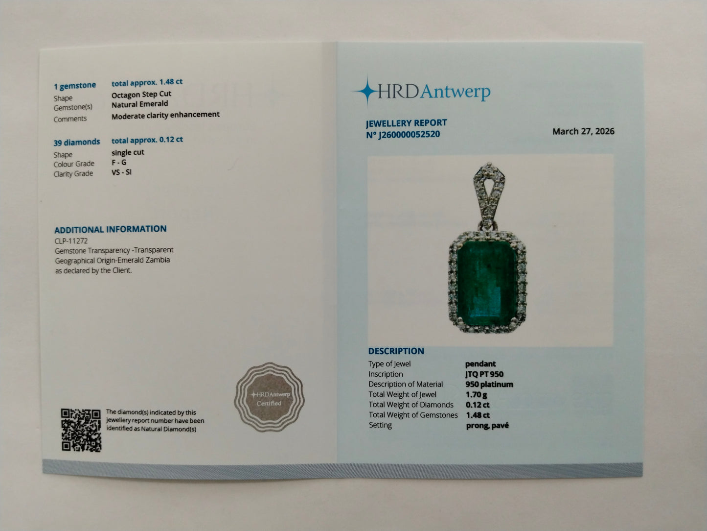 1.60 Ct Octagon Step Cut Natural Emerald 950 Platinum Pendant