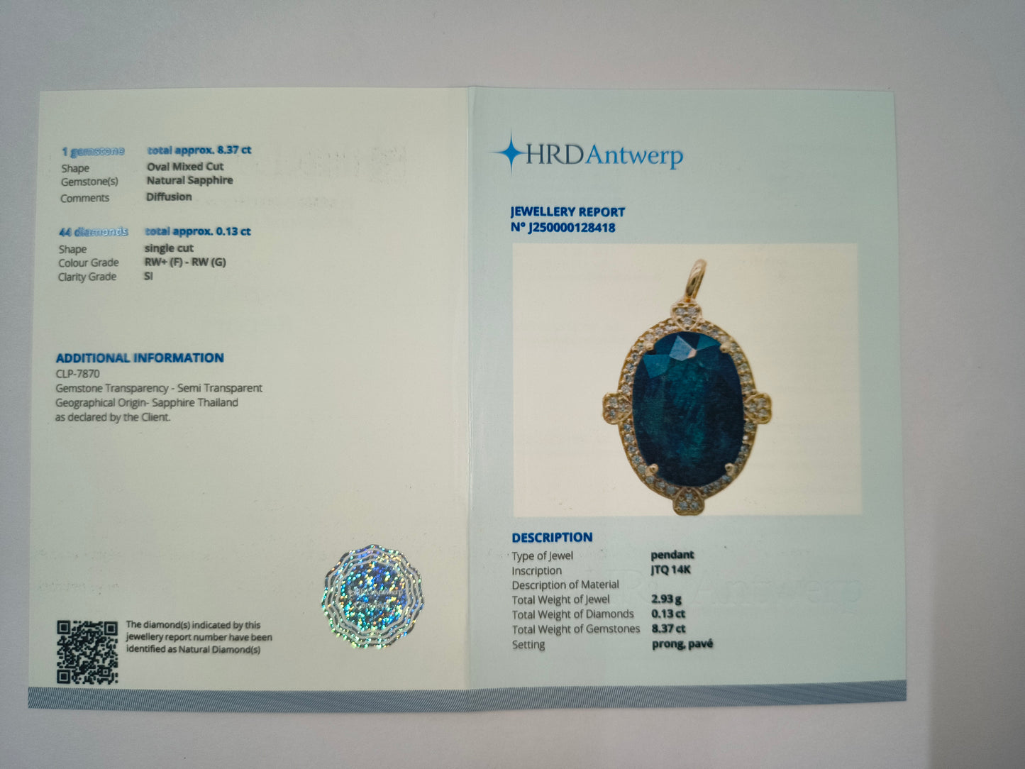 8.50 Ct Oval Natural Sapphire 14K Gold Pendant