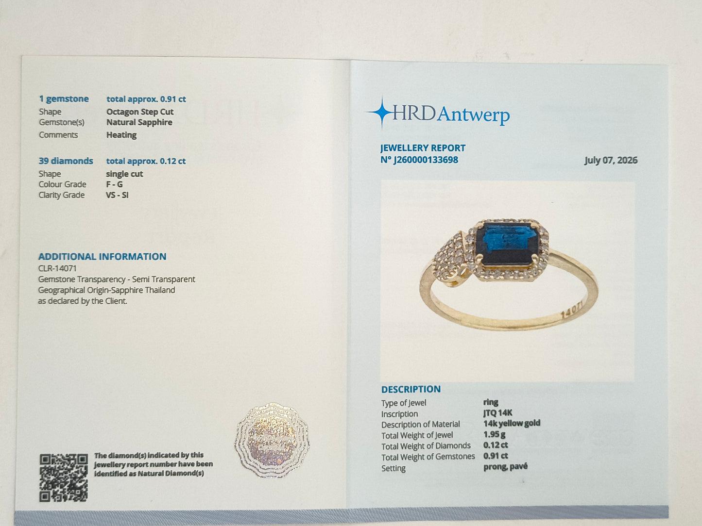 1.03 Ct Octagon Step Cut Natural Sapphire 14K Gold Ring