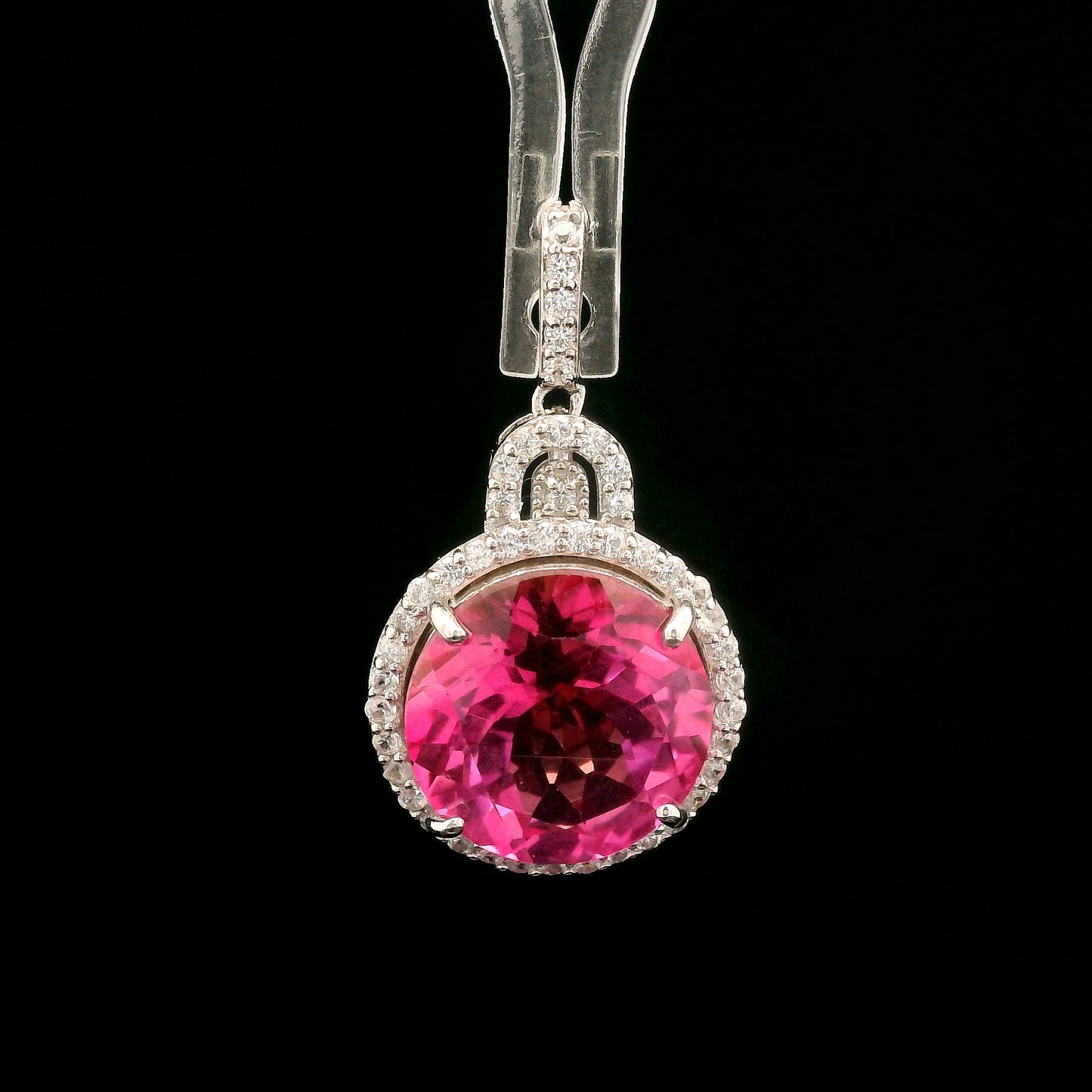 8.63 Ct Round Pink Topaz, White Zircon 925 Sterling Silver Pendant