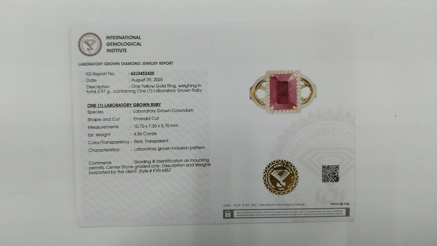 4.85 Ct Emerald Cut Lab Grown Ruby 14K Gold Ring