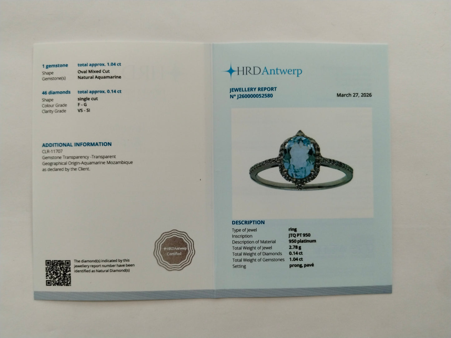 1.18 Ct Oval Mixed Cut Natural Aquamarine 950 Platinum Ring