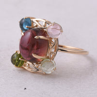 5.58 Ct Oval Cabochon Cut, Round Cabochon Cut Natural Multi-Coloured Tourmaline 14K Gold Ring