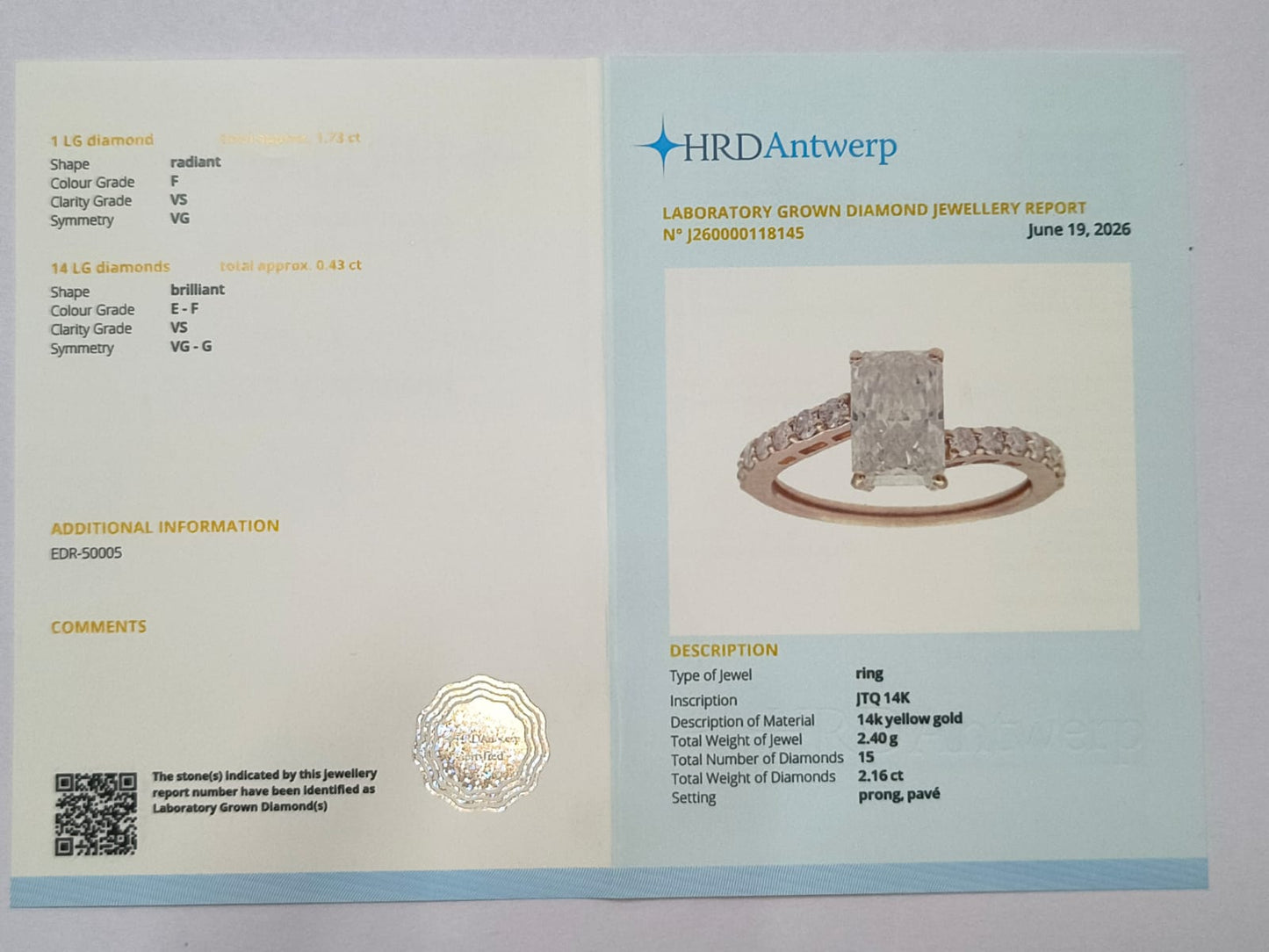 2.16 Ct Radiant Lab Grown Diamond 14K Gold Ring