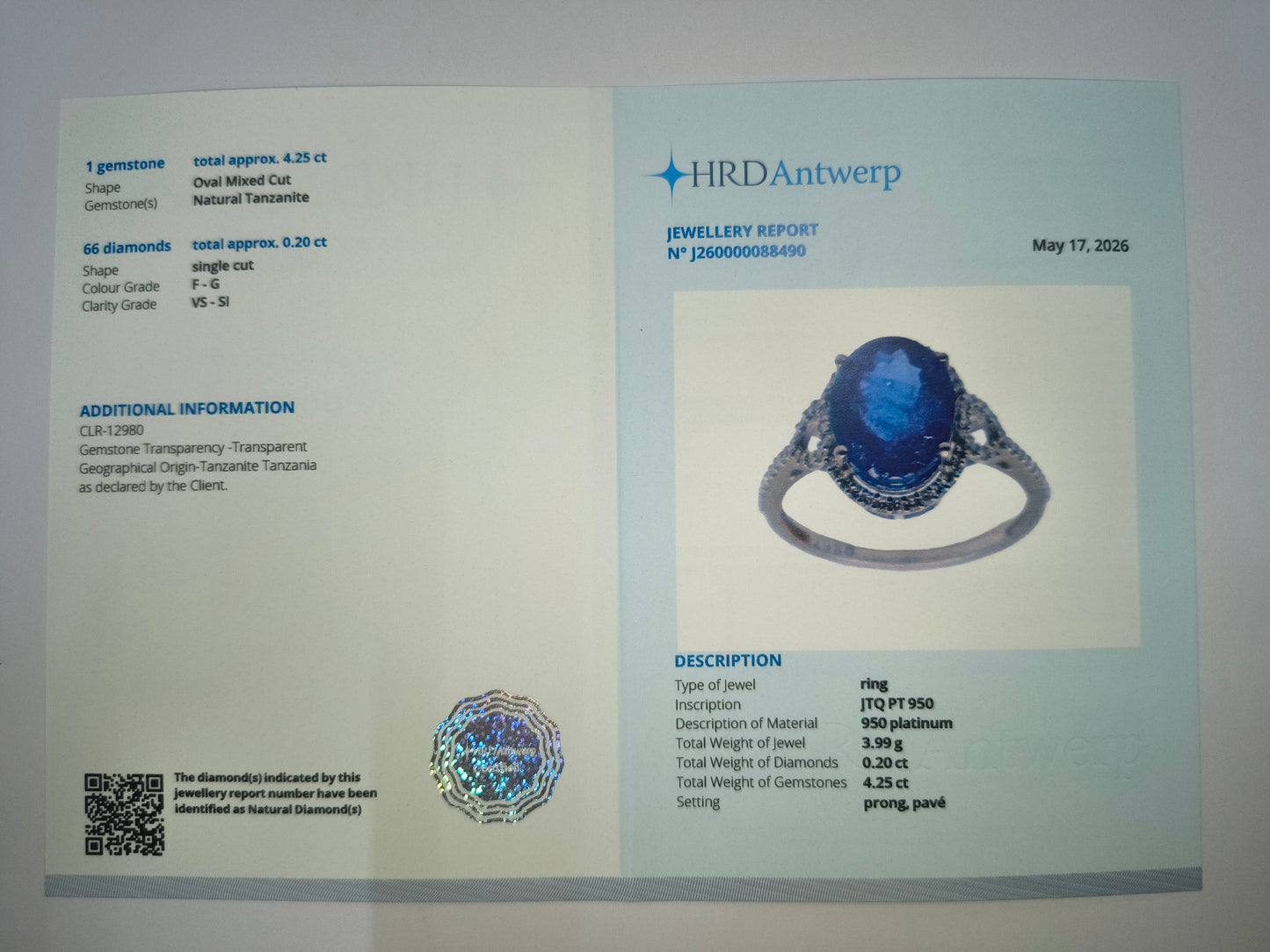 3.10 Ct Oval Mixed Cut Natural Tanzanite 950 Platinum Ring