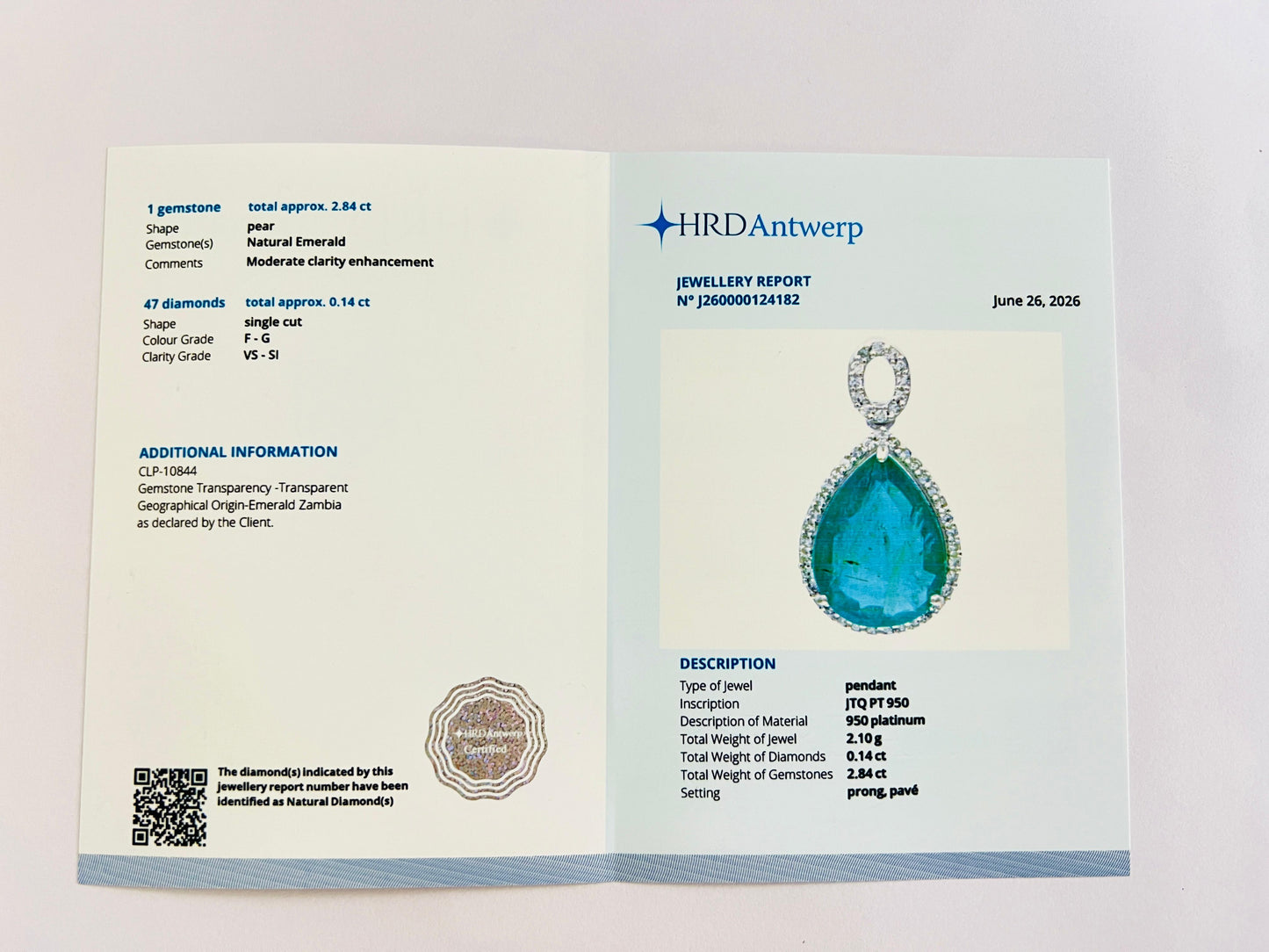 2.98 Ct Pear Natural Emerald 950 Platinum Pendant